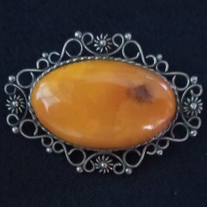 Vintage Butterscotch Egg Yolk Amber Filigree Brooch/ Pendant